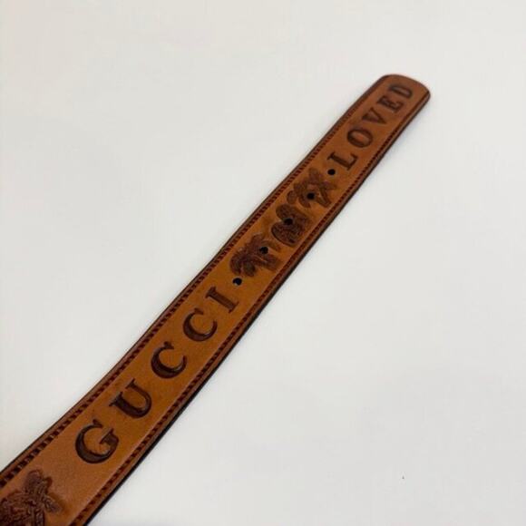 GUCCI Brown Leather Loved Double G Gold Buckle Belt 75 Embossed Logo Palm Tree main image 6